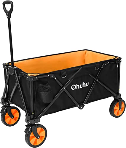 Ohuhu Collapsible Folding Wagon Cart: Durable Foldable Wagons with Brake Function 220 LB Capacity Utility Outdoor Grocery Shopping Carts with Removable Wheels 2 Drink Holders for Garden Camping Picnic