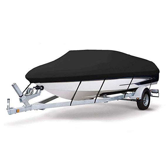 Roadstar 20-22Ft Heavy Duty Boat Cover 600D Oxford Fabric Waterproof Trailerable Fishing Ski Runabout Protector with Carrying Bag, V-hull 100" Beam, Black