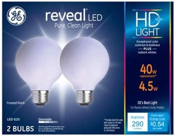 GE Lighting 31887 LED Reveal Globe Light Bulbs, G25, Frosted Pure White, 290 Lumens, 4.5-Watts, 2-Pk. - Quantity 1