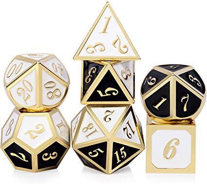 DND Dice Set,Heavy Metal Dice with Free Black Velvet Pouch for Dungeons and Dragons,Roll Playing Game Table Games (Black and White with Gold Number)