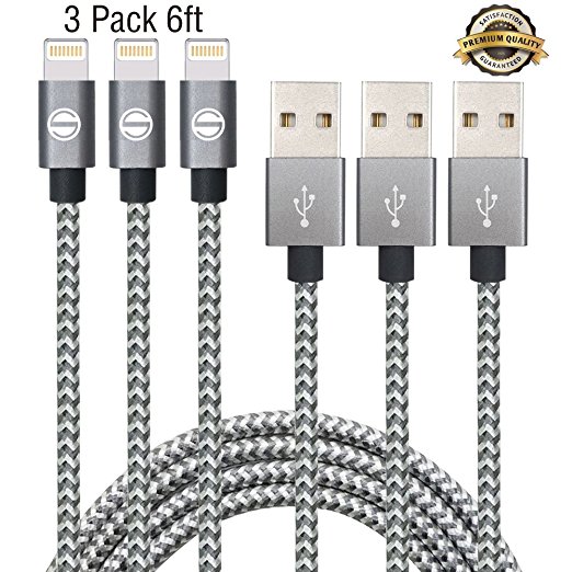 iPhone Cable SGIN - 3Pack 6FT Nylon Braided Cord Lightning to USB iPhone Charging Charger for iPhone 7,7 Plus,6S,6 Plus,SE,5S,5,iPad,iPod Nano 7(Grey White)