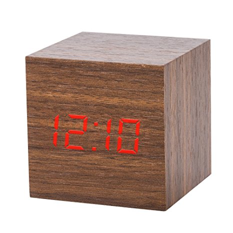 SkyNature Wooden Cube Led Alarm Clock Multiple Alarms, Sound Control and Large Digital Red Display with Time Date and Temperature (Brown 2)
