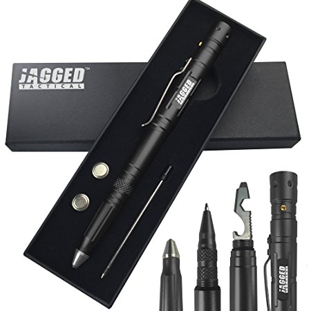 Multi Use Tactical Pen Survival Tool - Multi Tool   LED Tactical Flashlight   Ballpoint Pen   Glass Breaker. Complete with Extra Accessories and Gift Box (Black)