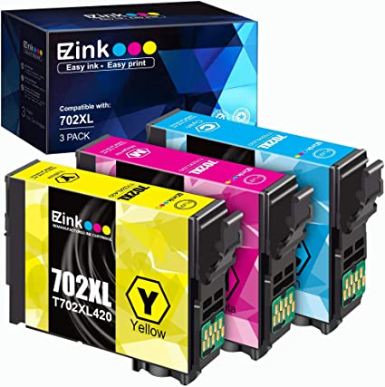 E-Z Ink (TM) Remanufactured Ink Cartridge Replacement for Epson 702XL T702XL 702 T702 to use with Workforce Pro WF-3720 WF-3730 WF-3733 Printer (1 Cyan, 1 Magenta, 1 Yellow, 3 Pack)