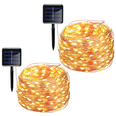 INST 200 LED Solar Powered String Lights, Copper Wire Lights, 72ft 8 Modes Starry Lights, Waterproof IP65 Fairy Decorative Lights for Outdoor, Wedding, Homes, Party, Halloween (Warm White) (2pcs)