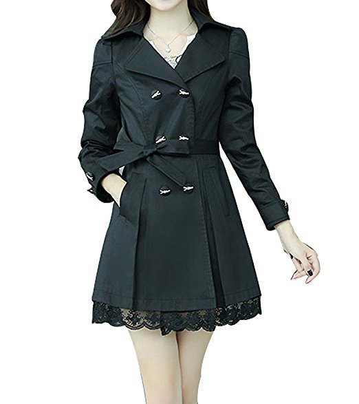 FV RELAY Womens Double-Breasted Bowknot Long Trench Coat With Belt and Lace Hem