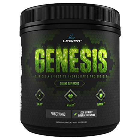 Legion Genesis Green Superfood Powder - With Spirulina, Dandelion, Moringa Oleifera, Maca Powder, Astragalus Root & Reishi Mushroom. All Natural Immune System Booster On The Go, 30 Servings!
