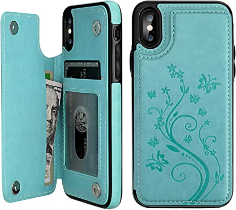 Vaburs iPhone Xs Max Wallet Case with Card Holder, Embossed Butterfly Premium PU Leather Double Magnetic Buttons Flip Shockproof Protective Case Cover for iPhone Xs Max (6.5", Mint Green)