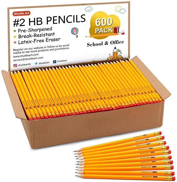 Wood-Cased #2 HB Pencils, Shuttle Art 600 Pack Sharpened Yellow Pencils with Erasers, Bulk Pack Graphite Pencils for School and Teacher Supplies, Writhing, Drawing and Sketching