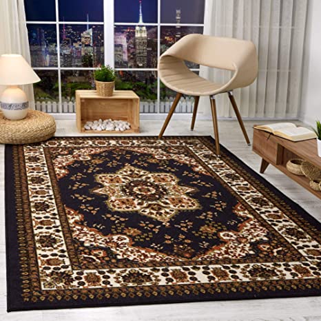 Antep Rugs Alfombras Oriental Traditional 5x7 Non-Skid (Non-Slip) Low Profile Pile Rubber Backing Indoor Area Rugs (Black, 5' x 7')
