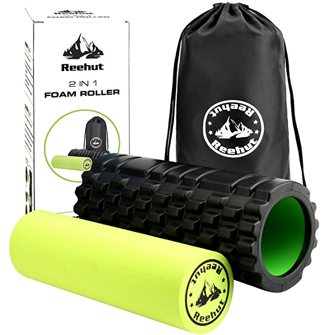 Reehut 2-in-1 Foam Roller. Trigger Point massage for Painful, Tight muscles   Smooth Rollers for Rehabilitation! FREE USER E-BOOK   FREE CARRY CASE! Black