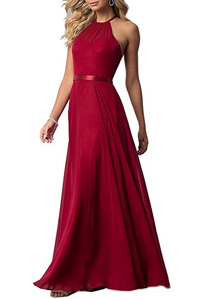 Women's Halter Long Bridesmaid Dresses Open Back A-line Formal Evening Party Gowns
