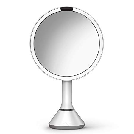 simplehuman Sensor Lighted Makeup Vanity Mirror, 8" Round With Touch-Control Brightness, 5x Magnification, White Stainless Steel, Rechargeable And Cordless