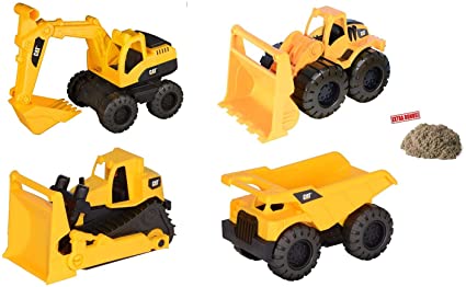 Tough Tracks Caterpillar CAT Construction Set Includes Loader, Dump Truck, Excavator, & Bulldozer (4 Pack) with Bonus Kinetic Play Sand