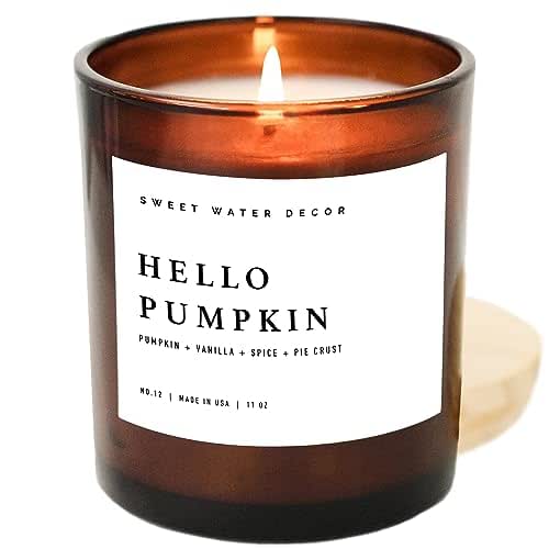 Sweet Water Decor Hello Pumpkin Candle - Fall Soy Candles with Pumpkin, Warm Spices, Vanilla and Buttery Pie Crust - Pumpkin Candles for Home with 50 Hours Burn Time - 11oz Wood Lid Amber Jar Candle