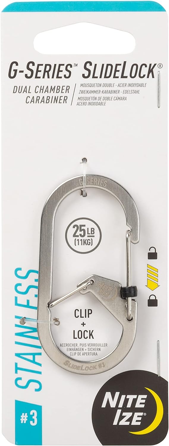 Nite Ize G-Series SlideLock #3 Dual Chamber Carabiner, Dual Security Carabiner Keychain, Stainless Steel