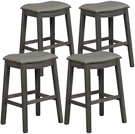 COSTWAY 29 Inch Bar Height Saddle Stool Set of 4, Backless Saddle Stool with Cushioned Seat, Sturdy Rubber Wood Structure with Humanized Footrest, Easy Assembly Ideal for Home Kitchen Pub (Grey, 4)