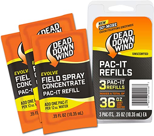 Dead Down Wind Evolve Field Spray Concentrate 3 Pac-It Refills, 0.35 oz Packets | Unscented | Odor Eliminator Hunting Spray for Hunting Accessories, Clothes, and Gear | Broad Spectrum Scent Control
