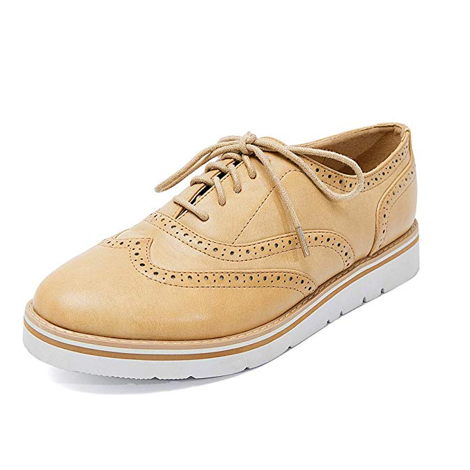 GOUPSKY Oxford Shoes for Women Brogues Platform Lace Up Loafers Flat Shoes Slip on Perforated Wingtip Sneakers