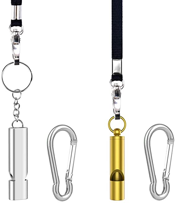 2PCS Coach Referee Whistle, Loudest Double Tubes Whistle and Brass Whistle, with Carabiner and Lanyard, for Camping, Climbing, Boating, Fishing, Hunting, Dog Training, Sports
