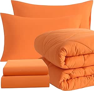 NTBAY Twin Comforter Set with Sheets, 5 Pieces Soft and Breathable Twin Bedding Set, Twin Bed in a Bag, Down Alternative Comforter Set Solid Color All Season, Kids Bedding Set, Orange