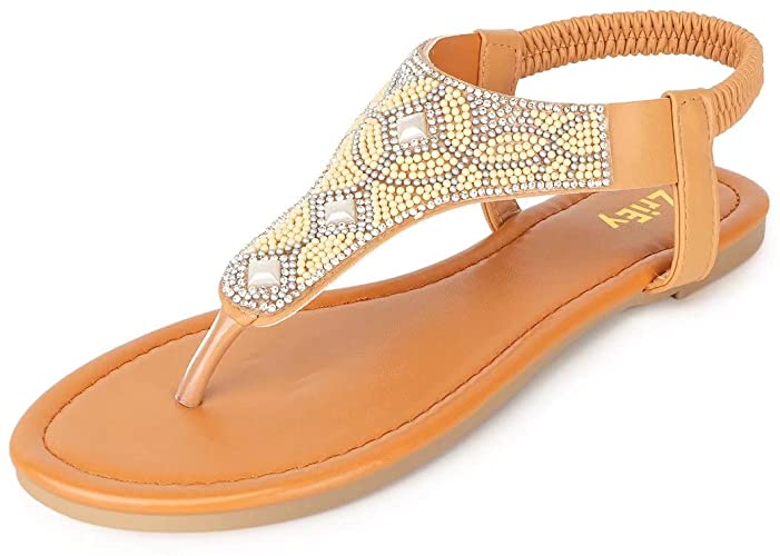 ZriEy Women's T-Strap Elastic Flat Sandals Open Toe Bohemian Rhinestone Thong Flip Flops Sandal Flat Shoes