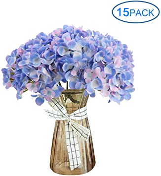 Woaiwo-q Hydrangea Silk Flowers with Stems, Artificial Flowers Fake Flowers Fake Bouquets for Bride Holding Garden,Home,Weeding Decoration(15 Pack)