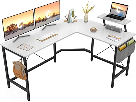 Cubiker Modern L-Shaped Computer Office Desk, Corner Gaming Desk with Monitor Stand, Home Office Study Writing Table Workstation for Small Spaces, White