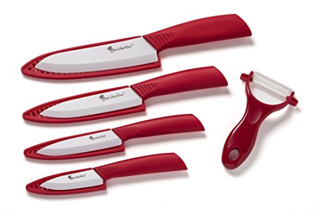 Chef Made Easy Ceramic Knife Set 9 Piece - Kitchen Knives with Case (Knife Sheaths) – Add to Collection of Cutlery Kitchen Utensils – Use As Bread, Vegetable and Chef Knife – (Red Set)