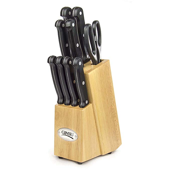 Ginsu Essential Series 10-Piece Stainless Steel Serrated Knife and Cutlery Set with Black Kitchen Knives in a Natural Block, 04898