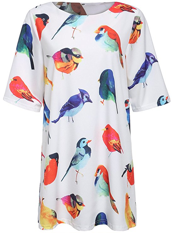 ROMWE Women's Summer Cute Birds Print Short Sleeve Loose Tunic Top Dress