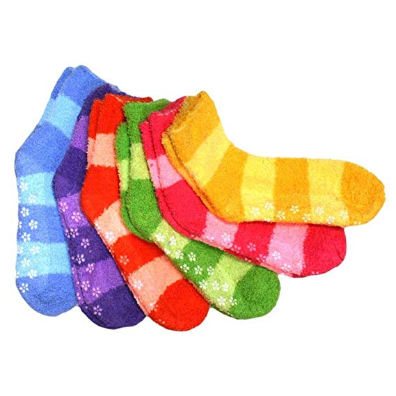 Gilbin Super Soft Fuzzy Anti Grip Socks, Striped, 6 Pair