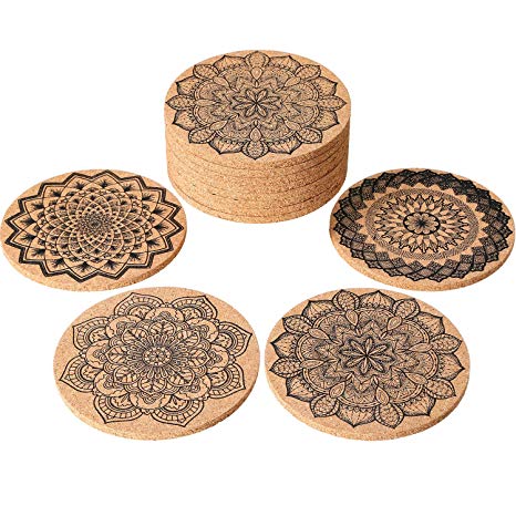 Tatuo 12 Pieces Cork Coasters for Drinks Absorbent Reusable Cup Mat Drink Coaster for Home Restaurant Office and Bar, 4 Inches
