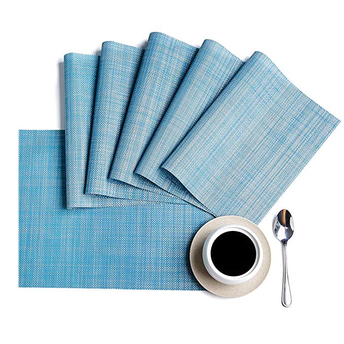 HQSILK Placemats, PVC Table Mats,Placemat Sets of 6 Non-Slip Washable Coffee Mats,Heat Resistant Kitchen Tablemats (Blue)