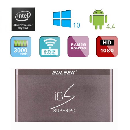 GULEEK i8S Pocket Mini Super PC Computer Tv Box Wintel Windows10 Android4.4 2GB/32GB HDMI Intel 3735F,UK Plug (Coffee)