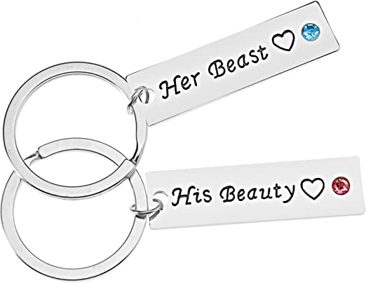 Micro Traders 2pcs Couples Keychain Ring Keyrings Set His Beauty and Her Beast Inch Lovers Boyfriend Girlfriend Valentine's Day