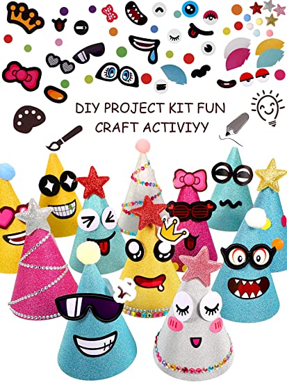 57 Pieces Birthday Party Hats Making Activity Set, 12 Glitter Colorful Hats, Pompoms, Color Circular Sticker and Diamond Stickers DIY Art Craft Project Set for Halloween,Christmas,Birthday, Easter, Fiesta, Group Activity