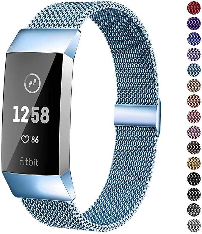Suplink Metal Bands Compatible with Fitbit Charge 3 / Charge 4 Bands for Women Men, Breathable Stainless Steel Replacement Wristband Accessories for Charge 3 SE Fitness Activity Tracker, Ice Blue