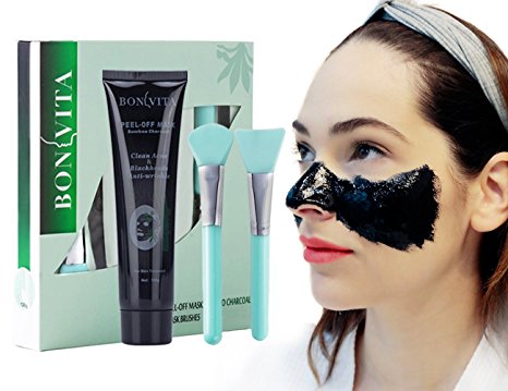 Blackhead Remover Mask, Anti-wrinkle Peel Off Black Mask, BONVITA Bamboo Charcoal Peel Off Mask and Brush Kit for Women & Men for Face Nose Acne Treatment Oil Control