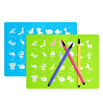 Food Grade Silicone Placemats for Kids, Baby Educational Placemat with Animal Printing(16 x 12 Inches), Waterproof, Non Slip, Portable, Heat Resistant, Dishwasher Safe, BPA Free, Set of 2
