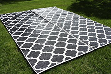 Santa Barbara Collection 100% Recycled Plastic Outdoor Reversable Area Rug Rugs White Black Trellis san1001blk 9 x 12'5 - Made in USA