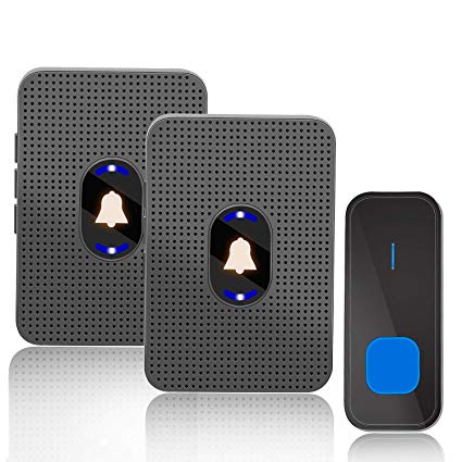 Wireless Doorbell, Yvelines IP55 Waterproof Door Chime with Night Light & LED Flash, Easy Chime Kit with 1 Push Button Transmitter & 2 Plug-in Receivers, Black