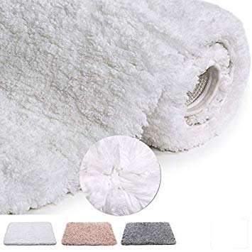Soft Shaggy Bath Mat Non-Slip Rubber Bath Rug Luxury Microfiber Bathroom Floor Mats Water Absorbent 20”x32” (White)