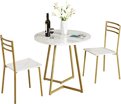 VECELO Small Round Dining Table Set for 2, Wood Marbled Tabletop with Steel Frame, Modern Dinette with Chairs for Kitchen Breakfast Nook Living Room, White and Gold