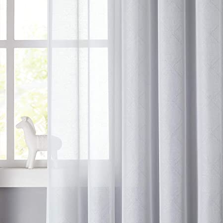 White Sheer Curtains Living Room 84", Subtle Lattice Linen Texture Moroccan Diamond Window Drape Set 2 Panels for Bedroom, Rod Pocket