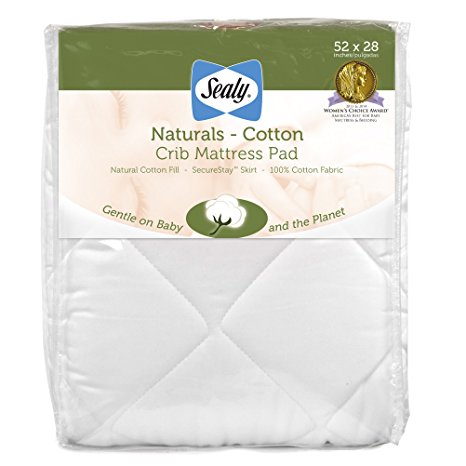 Sealy Naturals Cotton Fitted Crib/Toddler Mattress Pad Cover - 100% Cotton Fabric & Fill, Hypoallergenic, 300 Thread Count, Machine Washable & Dryer Friendly 52”x28” (White)