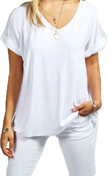 Meaneor Women Solid Comfy Loose Fit Roll Over Short Sleeve V Neck Batwing Top Tee