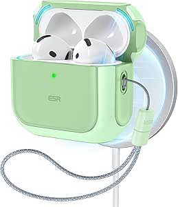 ESR for AirPods 4 Case, Compatible with AirPods 4th Generation Case (2024) (USB-C), Compatible with MagSafe, Drop Protection Cover with Lanyard, Magnetic Lid Lock, Orbit Hybrid Case, Light Green