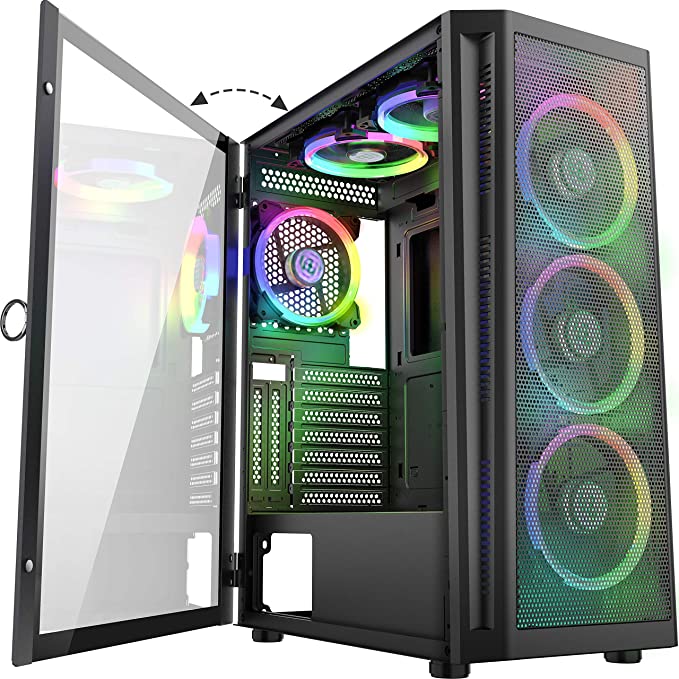 MUSETEX 6pcs 120mm ARGB Fans and USB 3.0×2 Mesh Mid-ATX Tower Chassis Gaming PC Case, Opening Tempered Glass Panels Gaming Style Windows Computer Case Desktop Case（TW8-S6）
