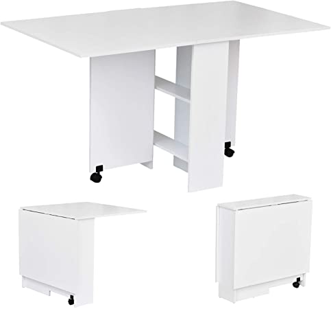 HOMCOM Mobile Drop Leaf Dining Kitchen Table Folding Desk for Small Spaces with 2 Wheels & 2 Storage Shelves White